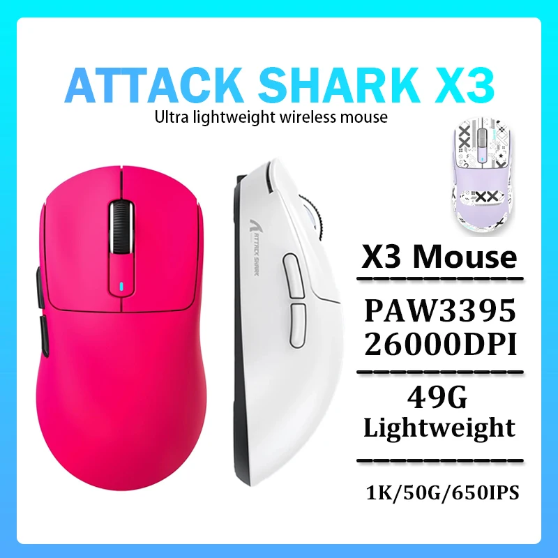 

Беспроводная игровая мышь ATTACK SHARK X3, 49 г, сверхлегкая PAW3395 650IPS, 26000 точек на дюйм, мышь для ПК, Mac Win