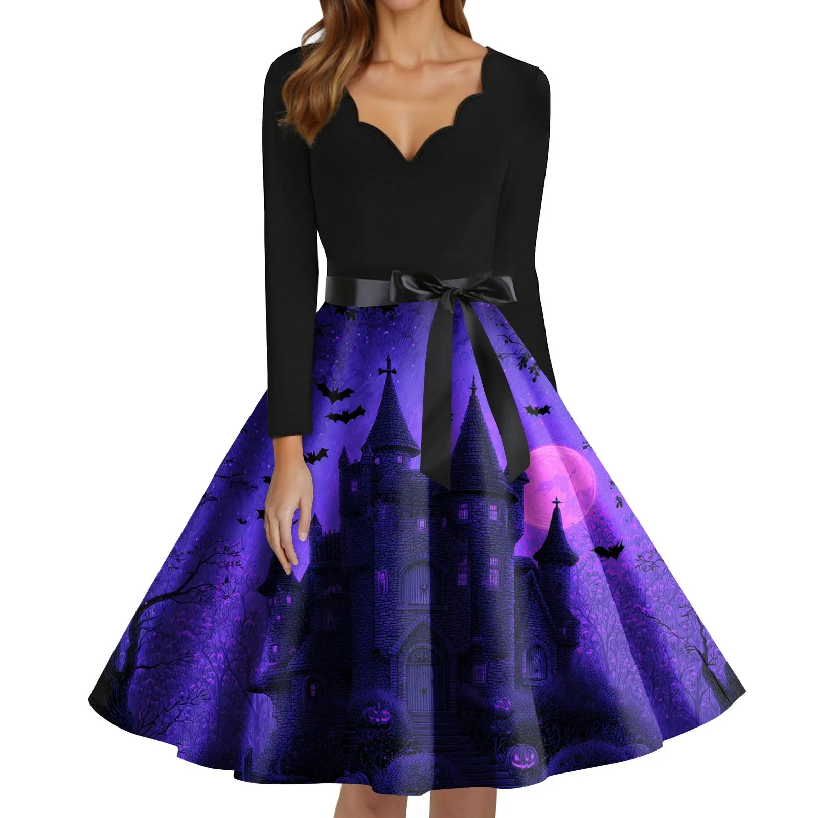 Damska moda Dekolt w serek Codzienna Wąska Sukienka z nadrukiem na Halloween z długim rękawem Eleganckie sukienki damskie na imprezę Sukienka damska na imprezę