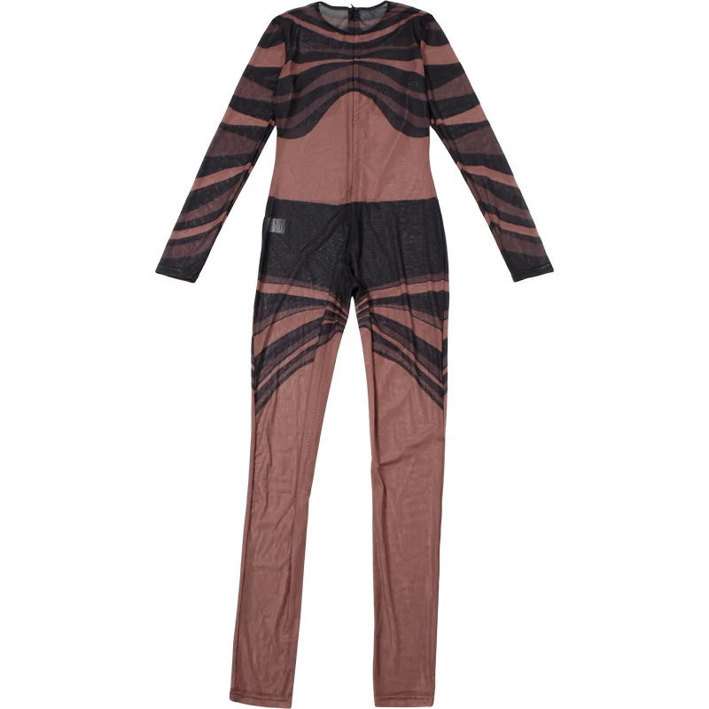 Tute trasparenti in rete sexy Abiti da club per donna Manica lunga O-Collo Patchwork stampato Tuta aderente aderente sottile Pagliaccetti da festa Donna