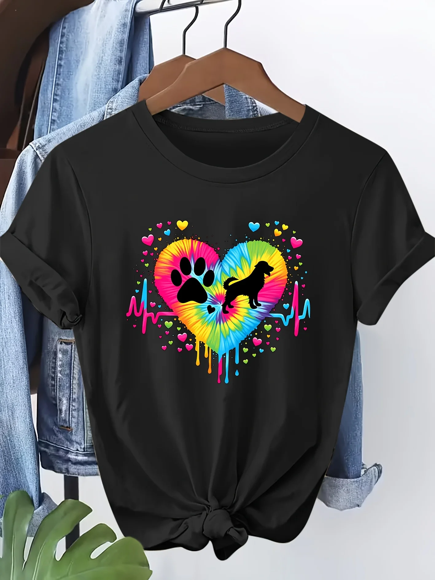 Women's Short Sleeved T-shirt Tie Dye Love Dog Print Round Neck Breathable Summer Casual Party Date Vacation Party Gift