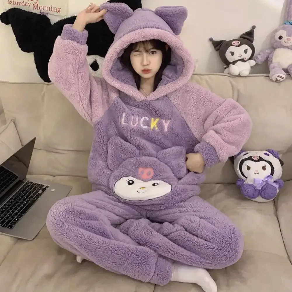 Kawaii Kuromi 2Pcs Pajamas Suit Sanrios Cinnamoroll My Melody Women\'s Anime Cartoon Cute Coral Velvet Thickened Nightwear Winter