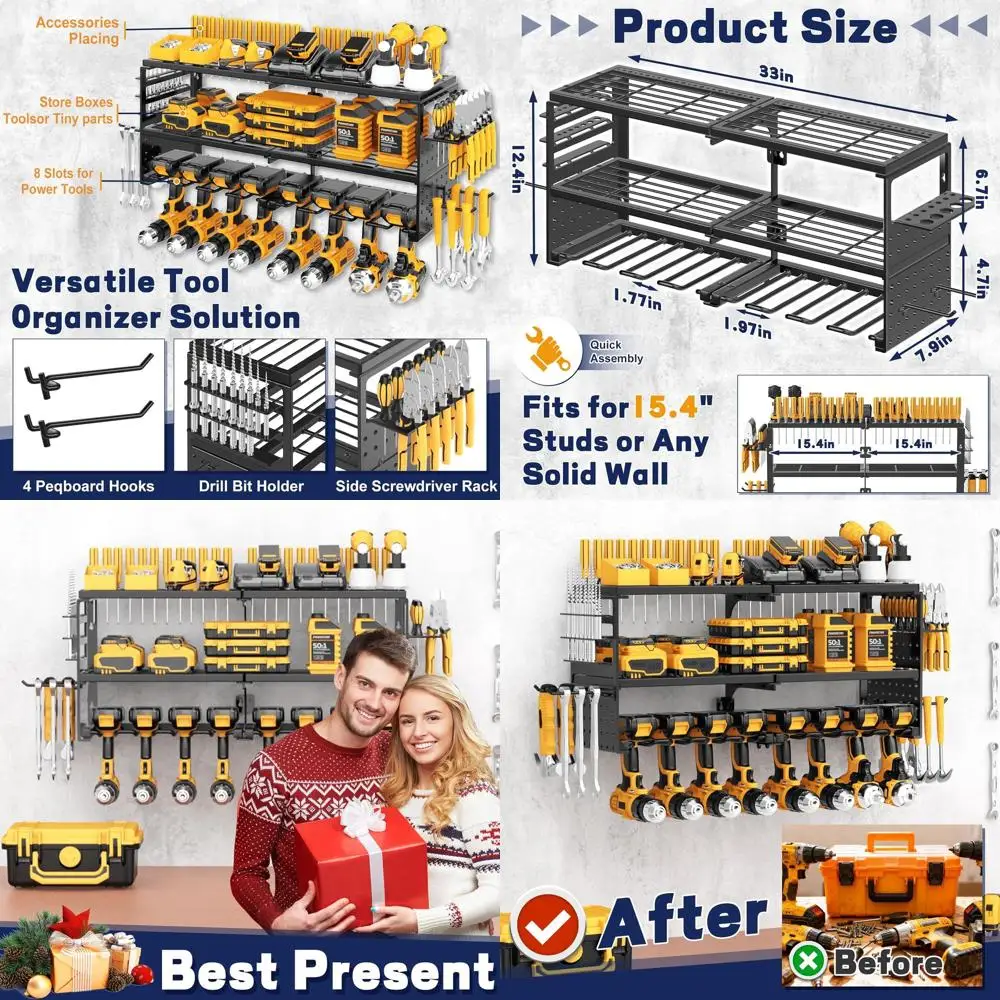 

Прочный 3-ярусный металлический органайзер для инструментов с 8 держателями для дрелей, грузоподъемность 136 кг, для хранения инструментов и аккумуляторов в гараже (черный)