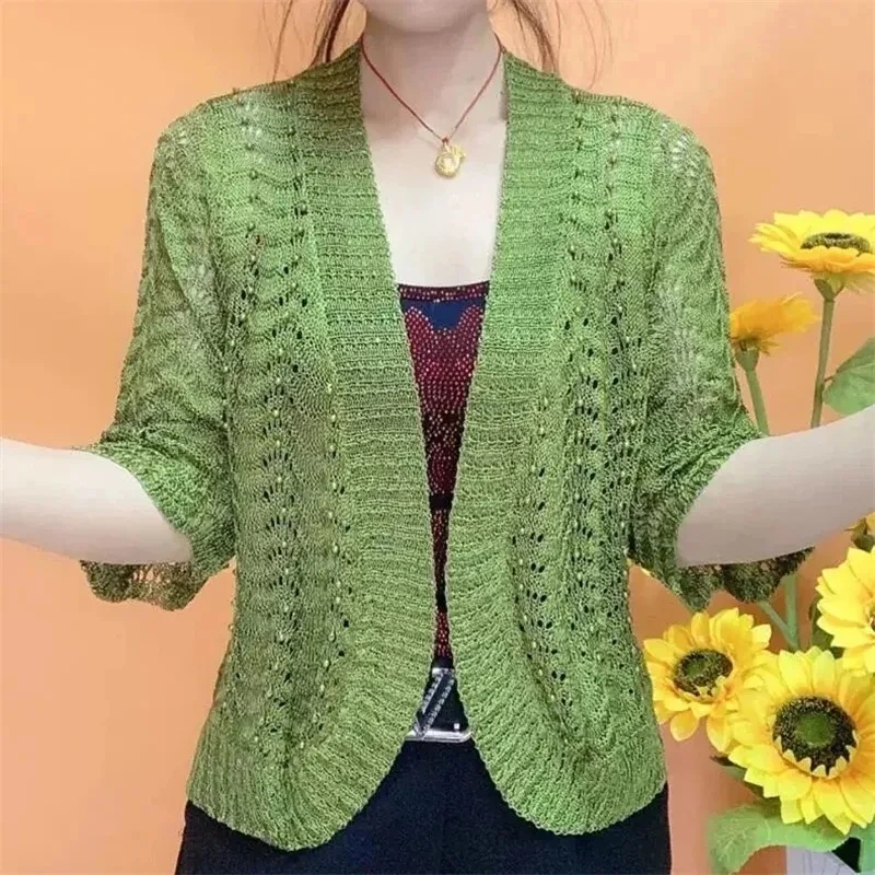 Spring Summer New Ice Silk Knit Cardigan 2024 New Women Middle-Aged Mothers Solid Color Shawl Hollow Sunscreen Coat Female Tops