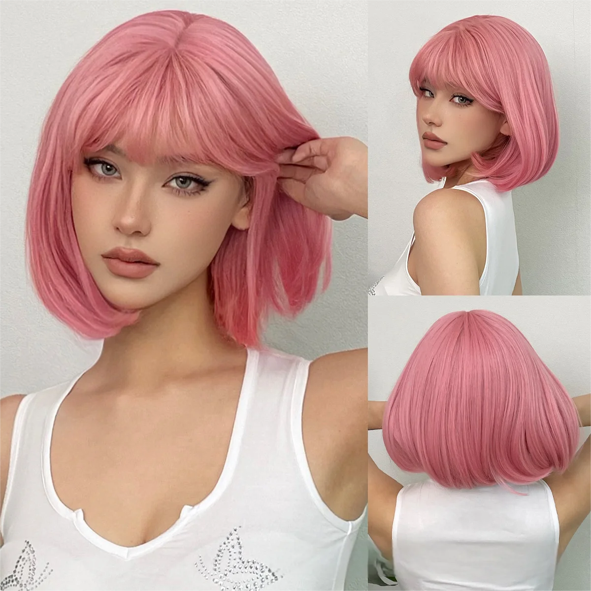 Sweet wind synthetic wig pink straight bangs short straight hair trend hot silk festival daily wig mechanism full head cover
