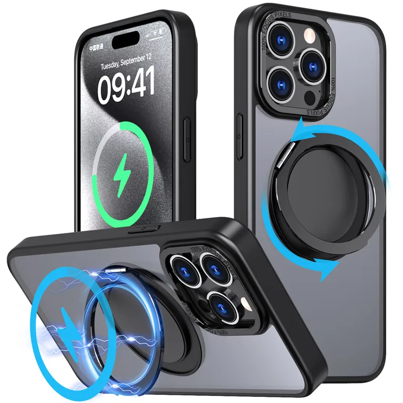 Magnetic 360°Rotation Stand Phone Case For iphone 11 12 13 14 15 Pro Max 15Plus With Ring Holder Frosted Transparent Cover Funda