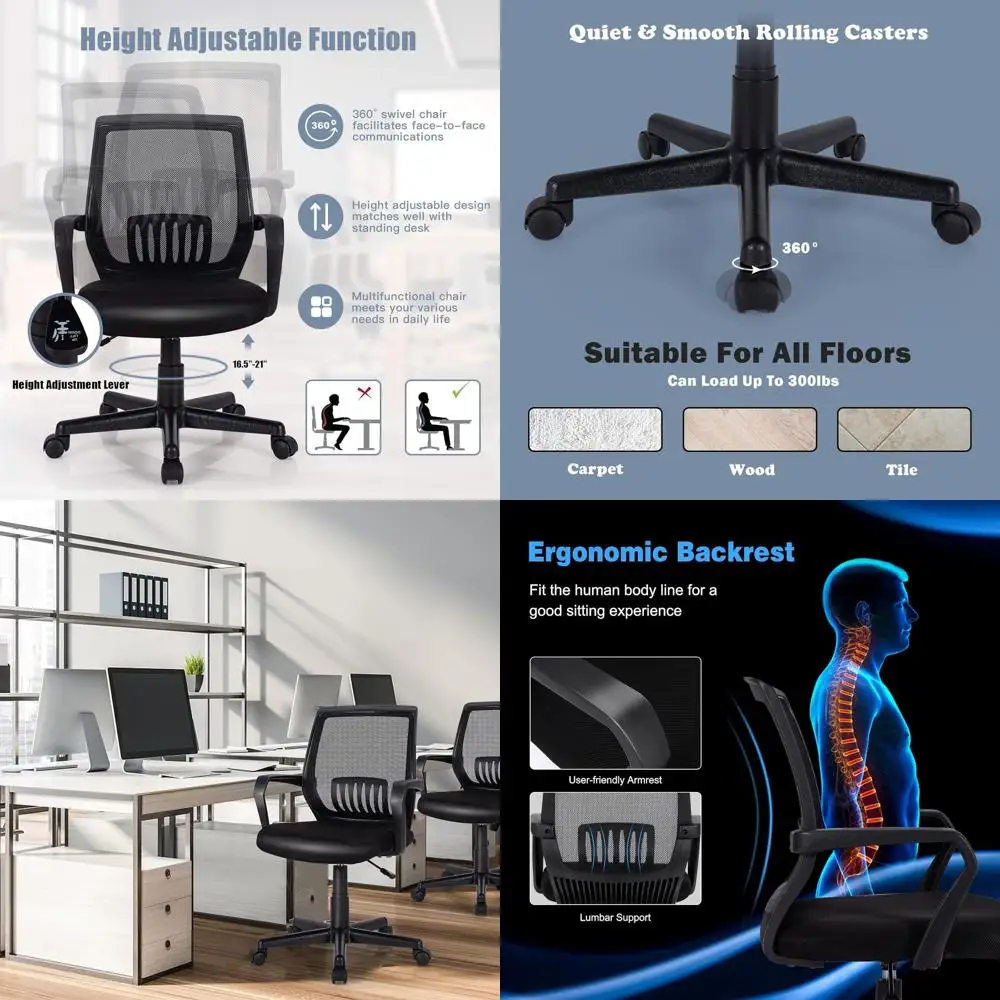 

300 lb Capacity Mesh Office Chair with Cushioned Seat, Adjustable Height, Lumbar Support, and Swivel Back, Black