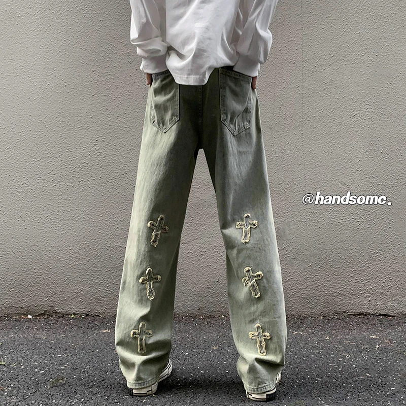 

Мужские джинсы с широкими штанинами и рваным краем, прямые повседневные брюки в американском стиле, со средней посадкой, на молнии, молодежный тренд