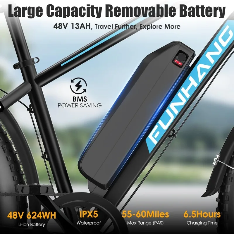 大人用電動自転車、ピーク1000W電動アシスト自転車、時速25マイル60マイル走行可能電動マウンテンバイク、26インチファットタイヤ電動自転車（48V 1個付き）