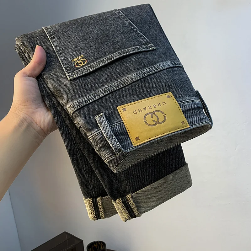 Jeans skinny bordado de alta qualidade masculino, calça elástica grossa, preta e cinza, moda luxo acessível, na moda, outono, 2022