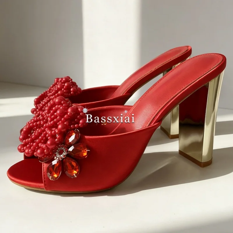 Luxury Crystal Beads Flower Sandals Women With Unique Strange Heel Slingbacks Outwear Mules For Girls Summer image 3