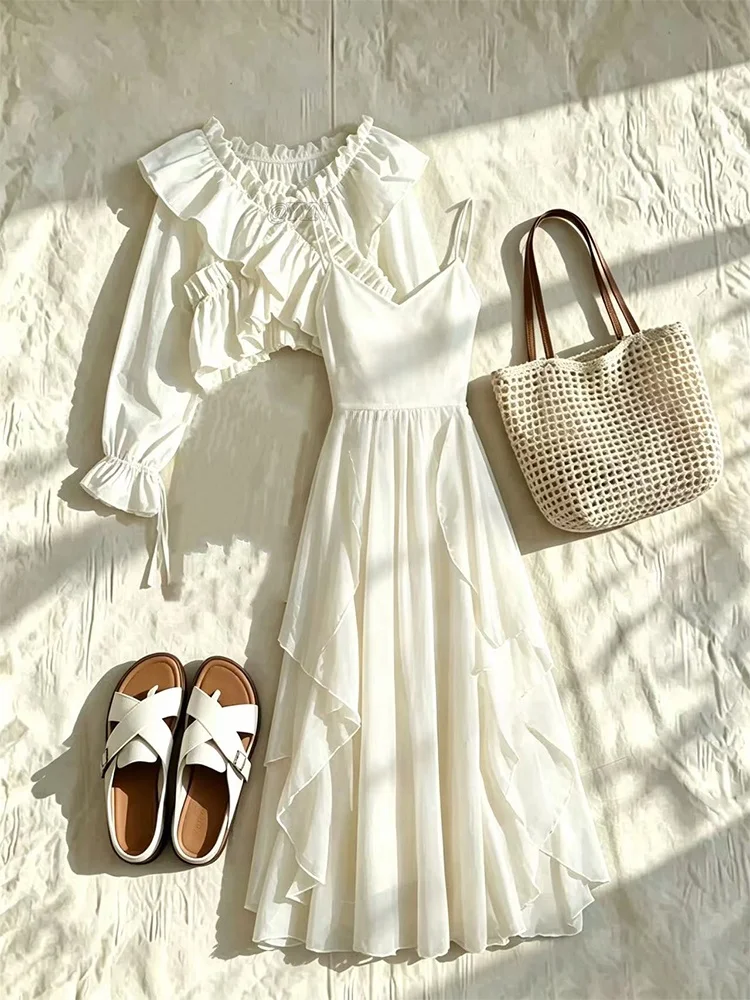 Vacation Style Women's Long Sleeve Blouse And Skirt Set with Lace Trim Strap Dress Bubble Sleeve Spring Autumn Fashion Outfit