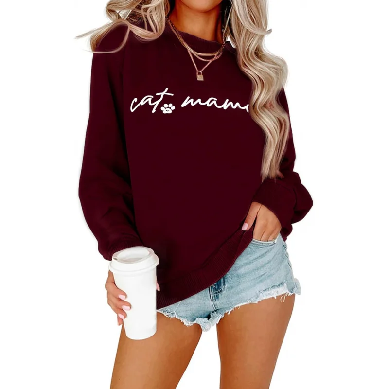 

Women's round neck sportswear loose fit cat mom long sleeved shirt fun autumn pullover top