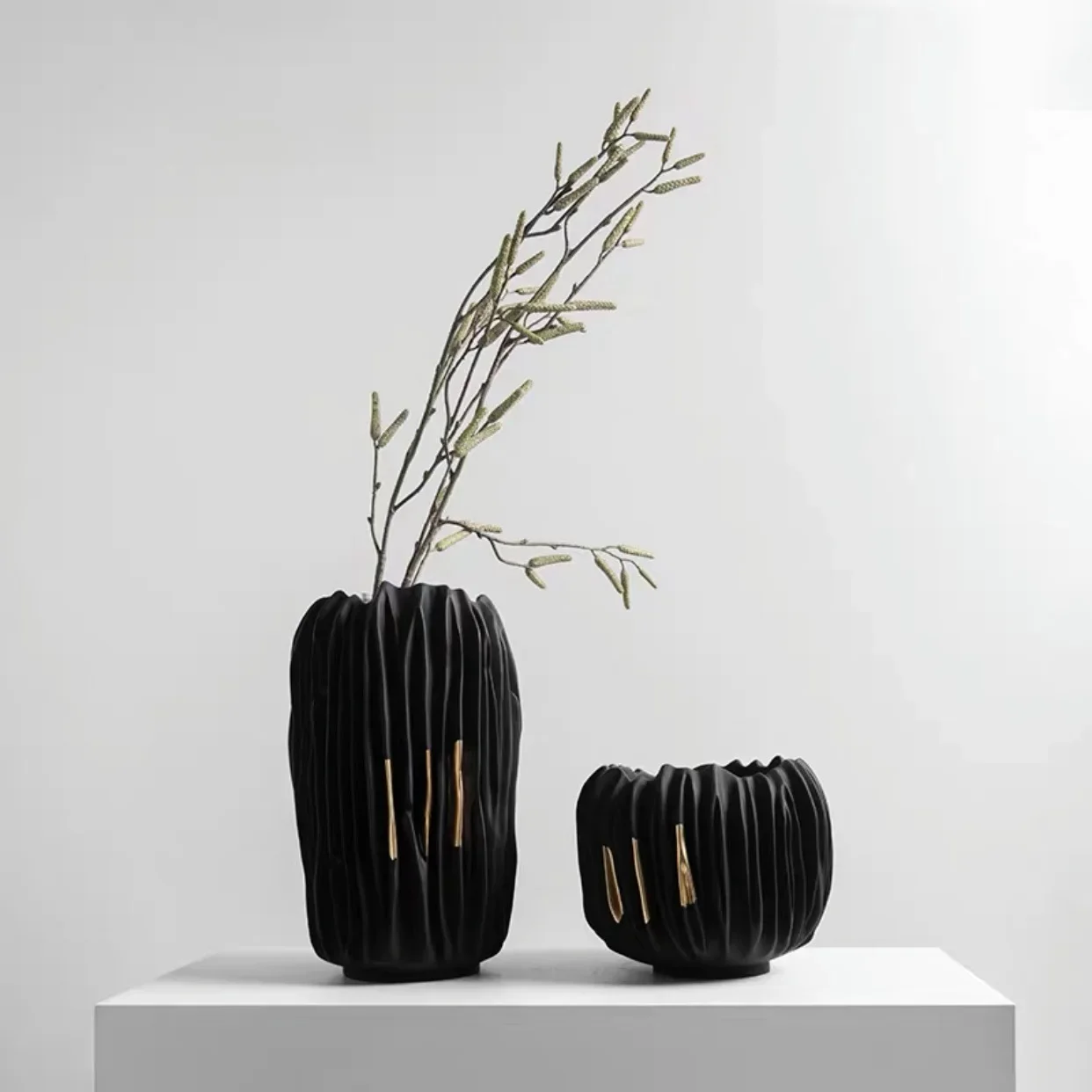 Resin Vase Black Gold Crease Texture Abstract Resin Ornament Flower Arrangement Accessories Home Decoration Vases Pots