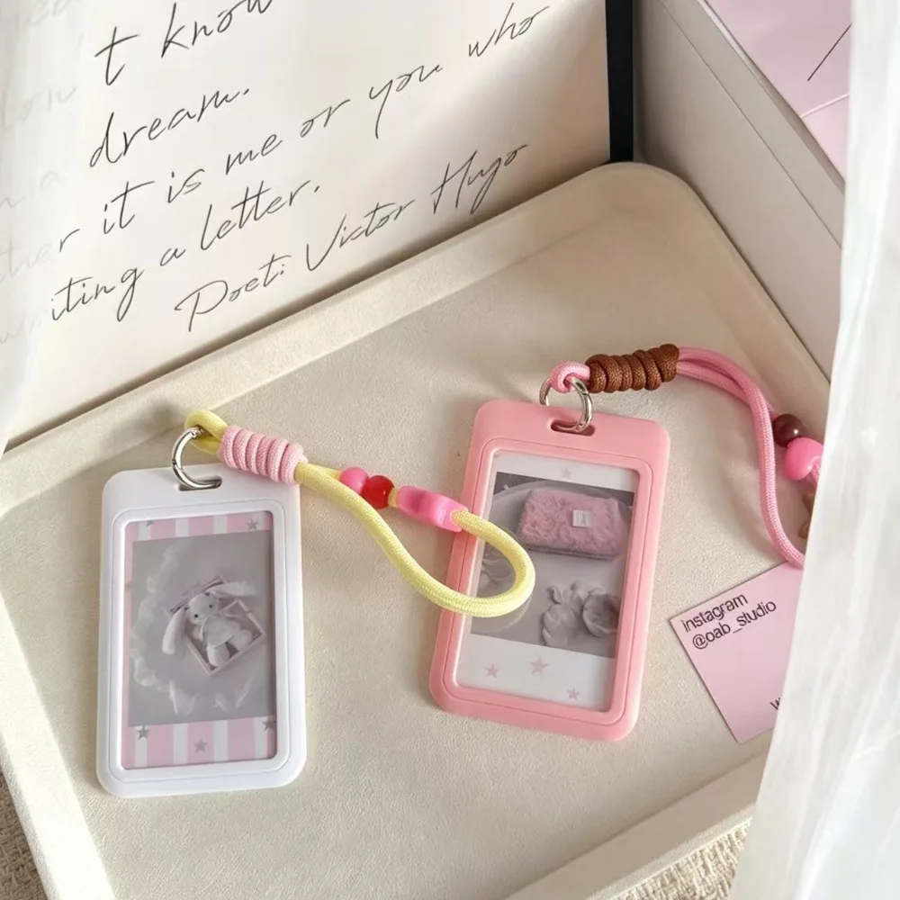 Ins Dopamine Slide Card Holder Star Braided Rope Wristlet, ID Case with Keychain School Campus Card Pouch for Students Girls