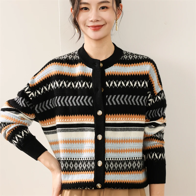 

European Retro Autumn Winter Women's Sweater 100% Merino Wool Sweater Cardigan Warm Commut Clothes Grace Knit Geometric Jacquard