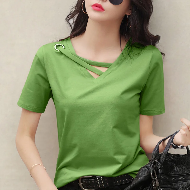 

Women's Summer V-neck Short Sleeve T-shirt Oversized Fashion Loose Casual Tops Solid Color Half Sleeve Versatile Bottoming Shirt