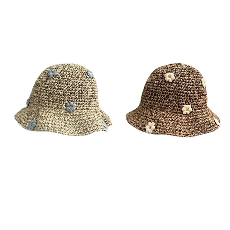 Summer Sun Hat Women Straw Crochet Bucket Hat Women\'s Foldable Panama Cap UV Sun Cap Boho Flower Fishing Hat Vacation Beach Hat