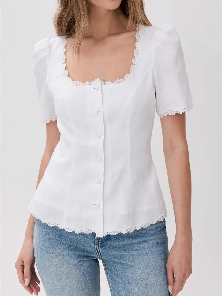 Women's Single Breasted Shirt Lace Trim Short Sleeve Square Collar 100% Linen Lace-Up Lady All-Match Blouse 2024 Summer