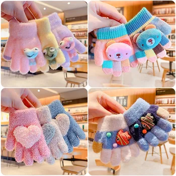 0-3 שנים ילדות חורף תינוקות ילדות חמודות רכות סריגה קרטון חמישה אצבעות כפפות ילדים חמימות חיצוניות מקסימות