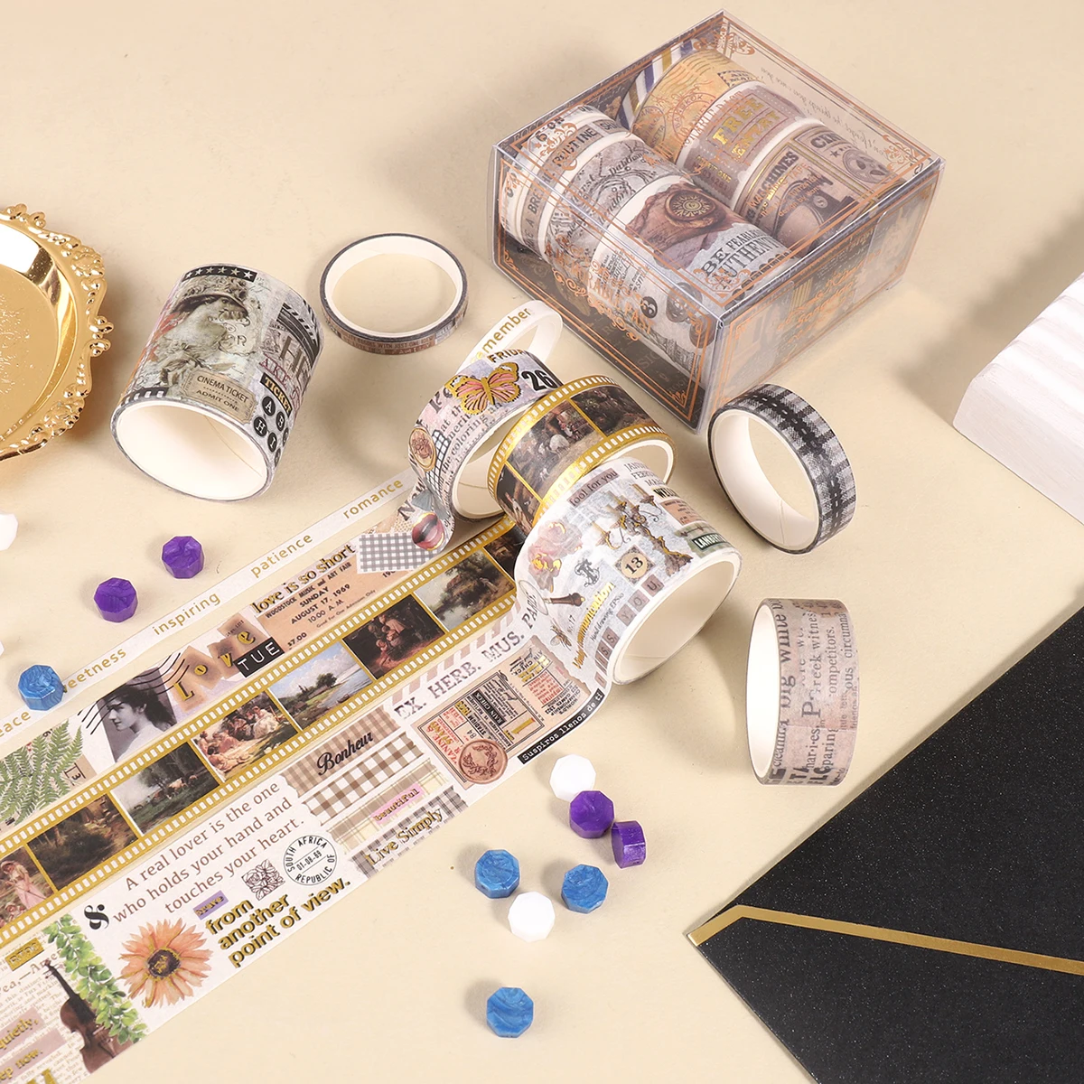 1박스 절묘한 금박 와시 테이프 세트, 다양한 패턴이 있으며 DIY 수제 일기 및 카드 장식에 적합합니다.