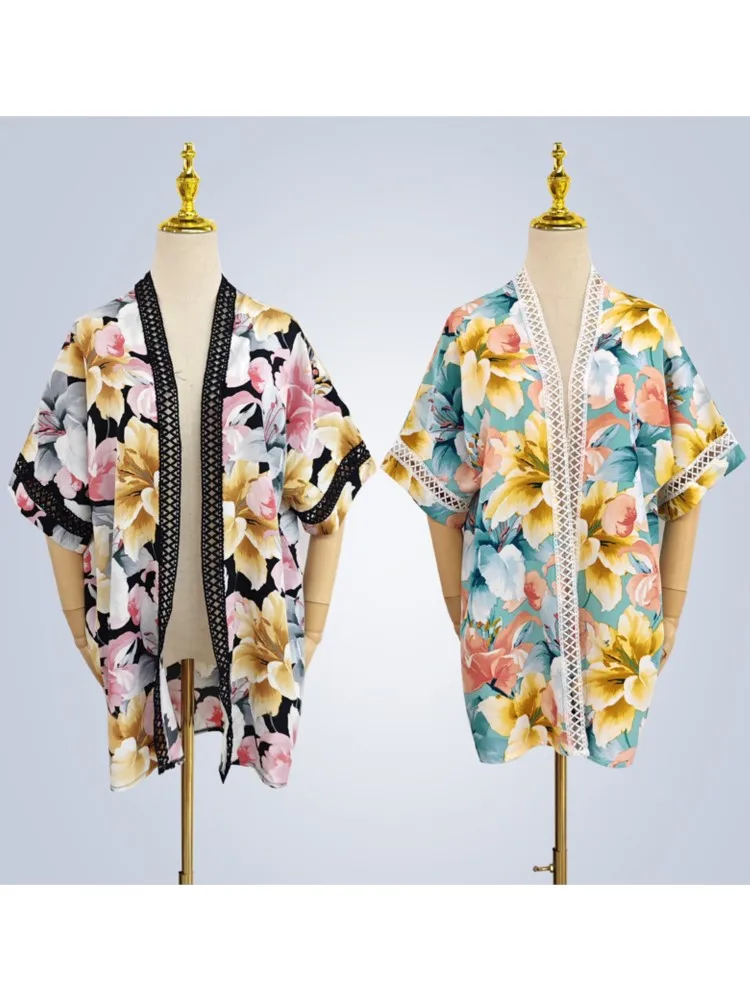 Strandkimono voor dames met bloemenprint, badpak, cover-up, wikkeljurken, badpakken aan zee, strandkleding, 2025, zomerbadmode, strand