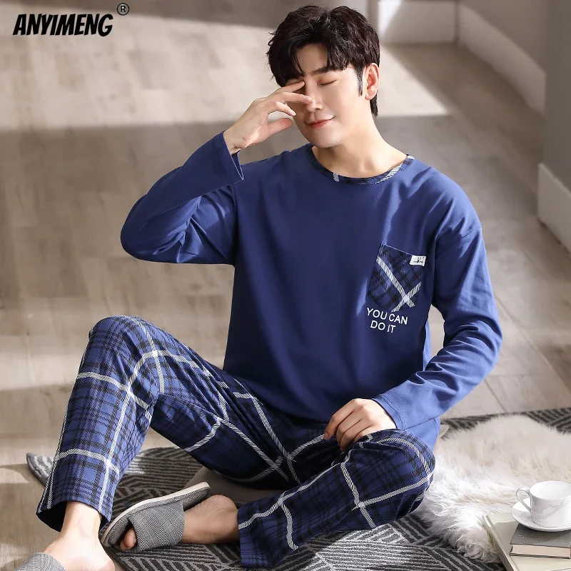 L-4XL Man Pajama Set Spring Autumn New Cotton Long Sleeve Sleepwear for Man Big Size Pullover Homewear Minimalist Boy Loungewear