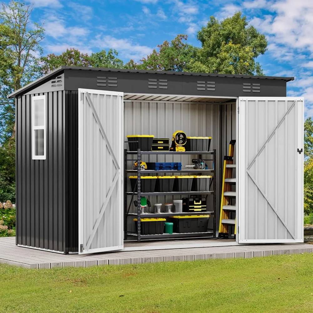 

US Shipping Hot New 9x4 FT Outdoor Storage Shed with Windows Double Lockable Doors Sloped Roof Heavy-Duty Steel Garden Patio