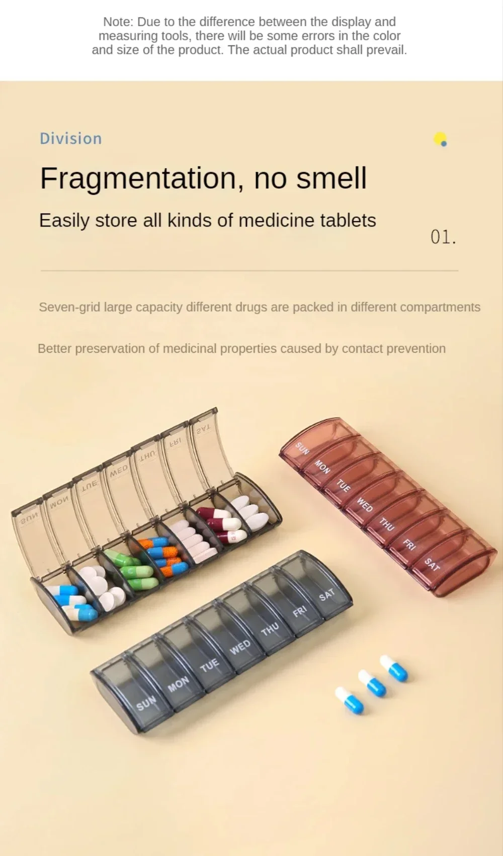 Pillendose für 7 Tage, Medikamentenbox, Wöchentlicher Pillenorganizer für Vitamine, Fischöle, Nahrungsergänzungsmittel und Medikamente für Reisen und Arbeit – Detail 3