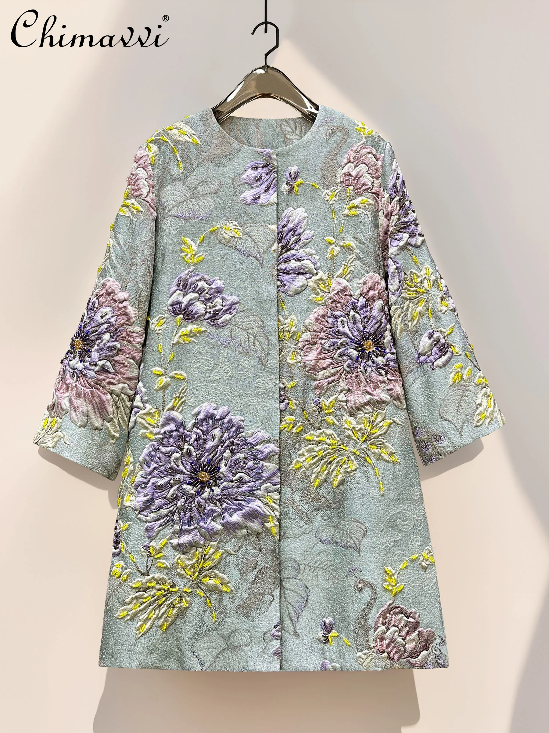 

French Elegant Style Luxury Trench Coat Heavy Industry 3D Embossed Beaded Round Neck Single-Breasted Long Jackets Women's Autumn