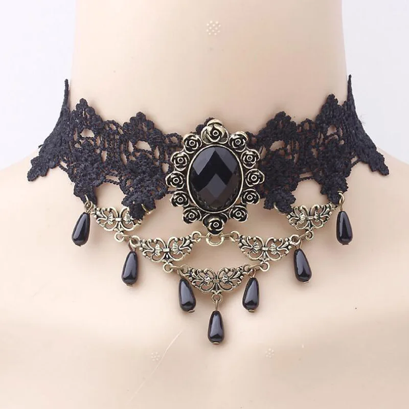 Lady Neck Jewelry Accessories Girl Lace Gothic Choker for Women Vintage Sexy Fashion Velvet Rose Beads Flower Necklace