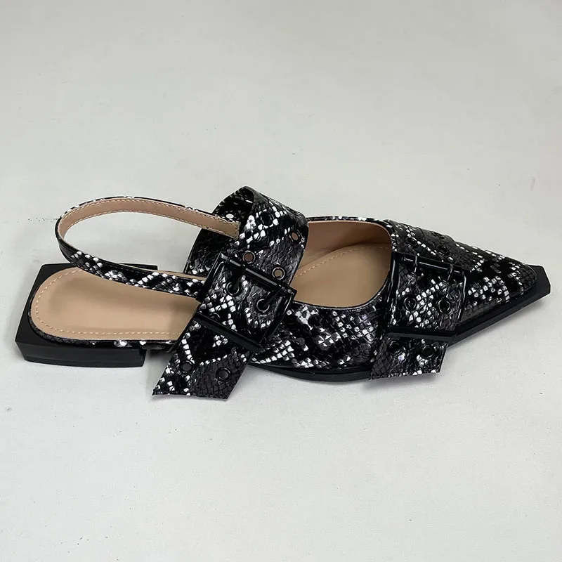 Big size 43 Fashion Snakeskin Footwear Black Flats With Shoes For Women Slingbacks Buckle Pointed Toe Ladies Flat Sandals Shoes