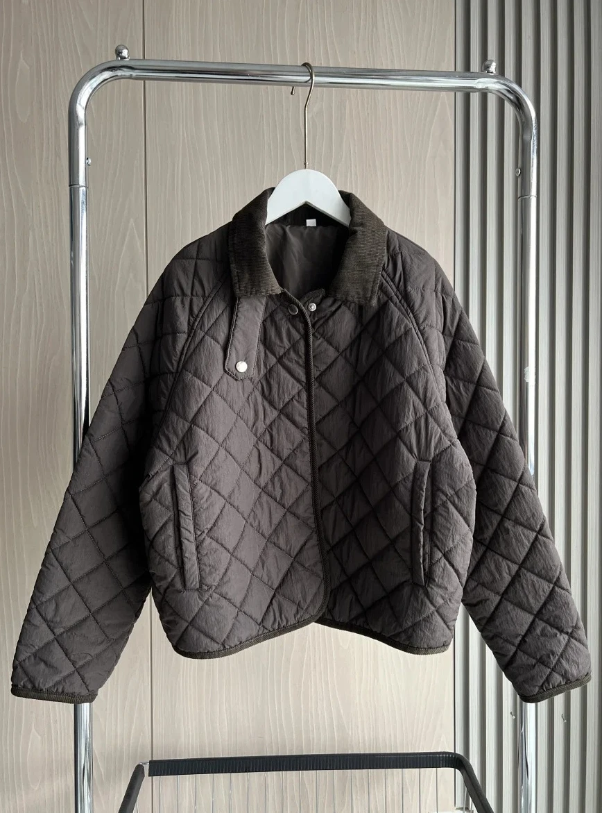 

New Women Diamond Quilted Puffer Jacket with Padded Lining Casual Simple Short Coat Stand Collar Winter Warm Outerwear