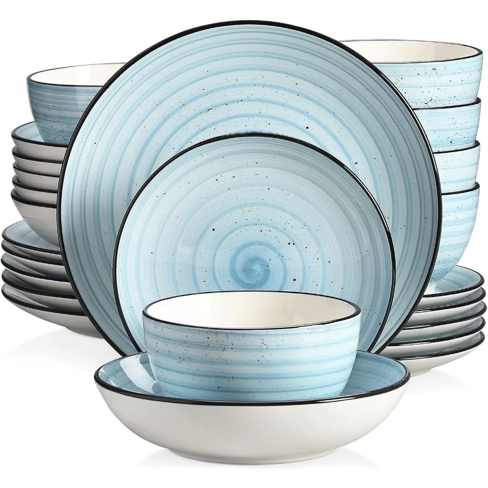 

vancasso Handpainted Blue Stoneware Dinnerware Set - 24 Pieces with Plates, Bowls for 6