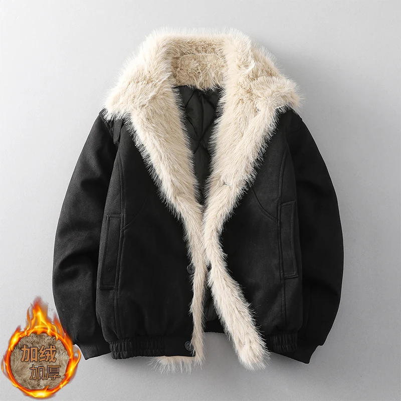 

Winter Fur Integration Leather Jacket Men's Thick Warm Casual Leather Jacket Imitation Fur Lapel PU Jackets Loose Streetwear