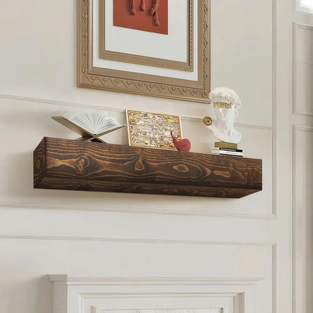 

Rustic Floating Fireplace Mantel Wood Shelf 84 Inch Brown Decor Accent for Living Room Wall Display