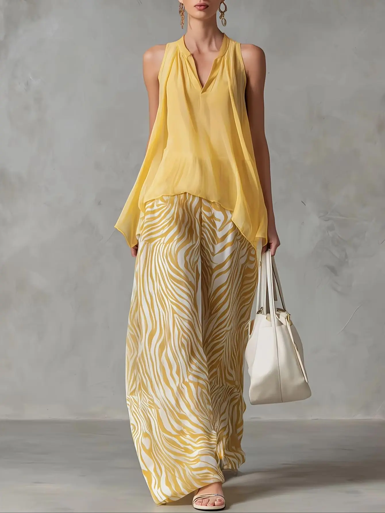 Spring Casual Chiffon Zebra Print Pants Suit Women V-neck Sleeveless Shirt+high Waist Loose Wide-leg Pants Female Two Piece Set