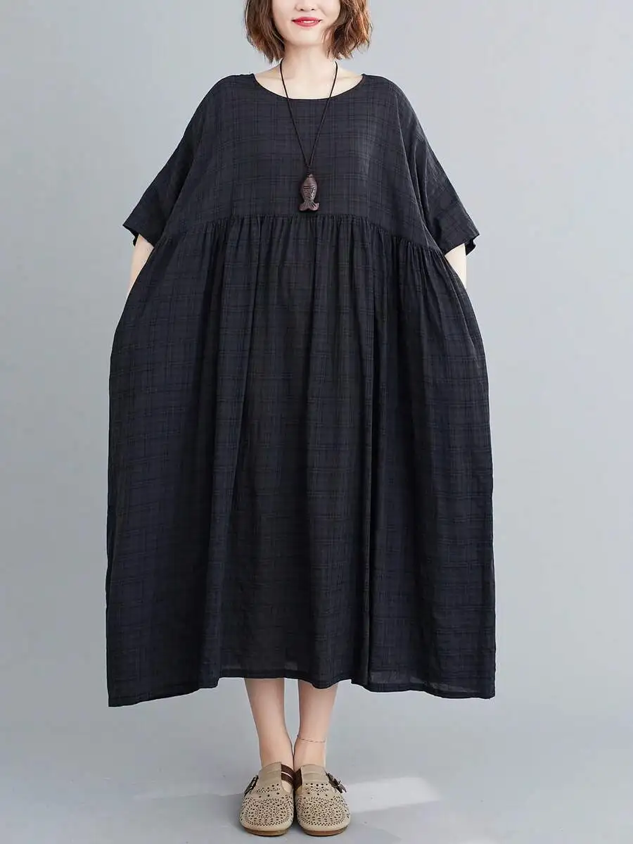 

Women Bohemian Long Dress Black Short Sleeve Round Neck A-Line Pleated Linen Casual Vacation
