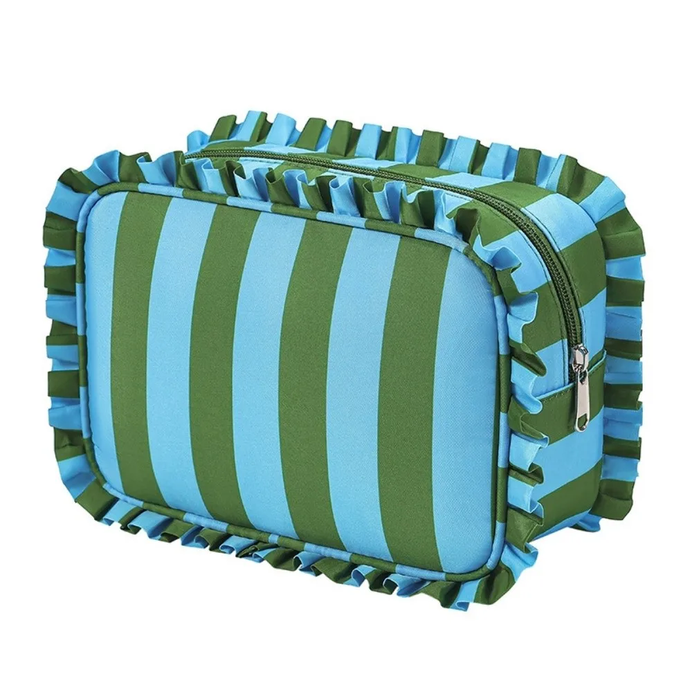 Ruffle Decoration Striped Cosmetic Bag Oxford Zip Top Striped Makeup Organizer Portable Large Capacity Travel Zipper Pouch