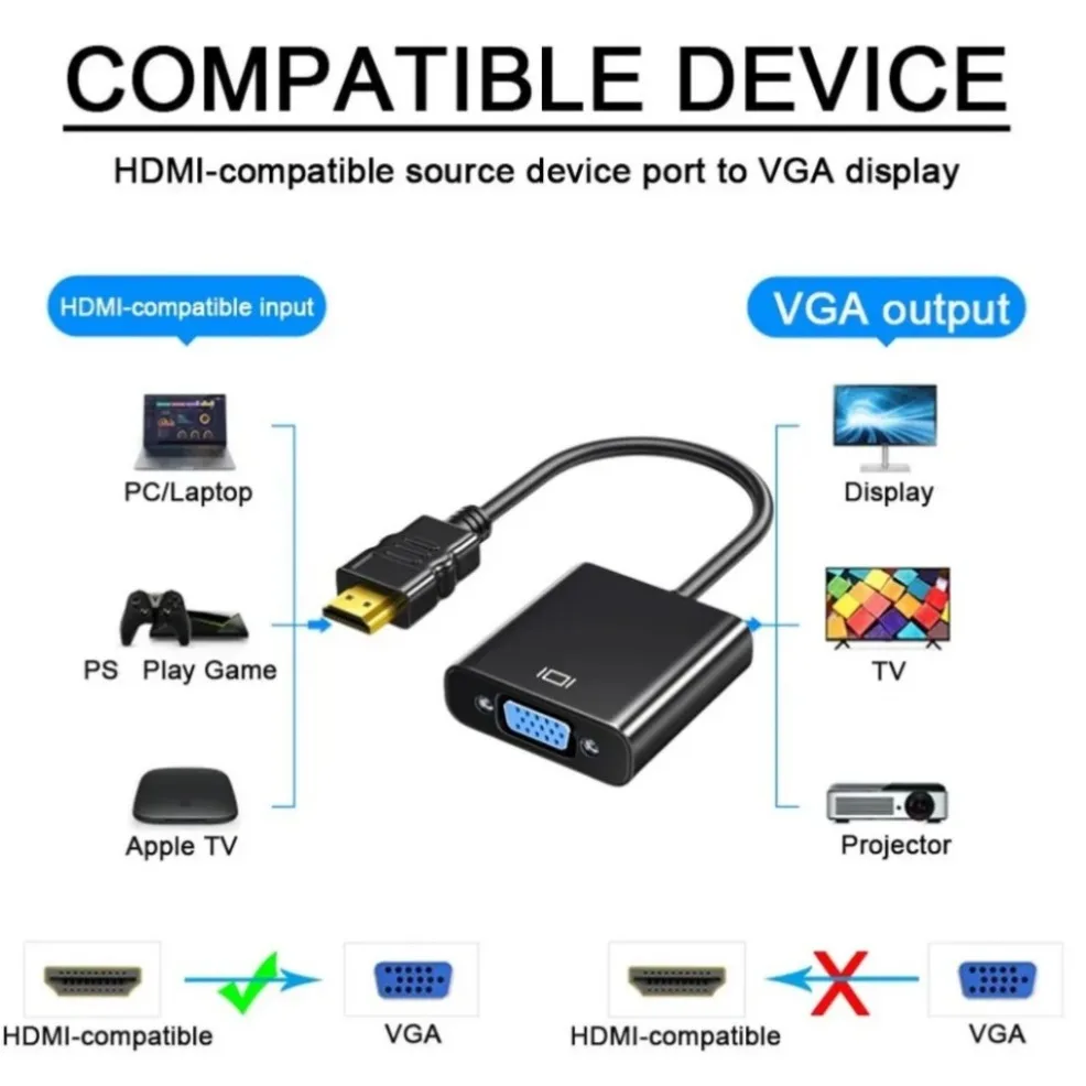 LccKaa HD 1080P Konwerter HDMI na VGA Cyfrowy analogowy kabel HDMI męski na żeński VGA Adapter do komputera PC Laptop TV Box Wyświetlacz komputerowy