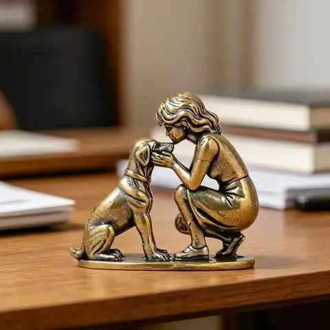 Retro Small Brass Girl Dog Figurine Creative Handcrafted Ornament Aesthetic Home Office Desktop Decoration Gift