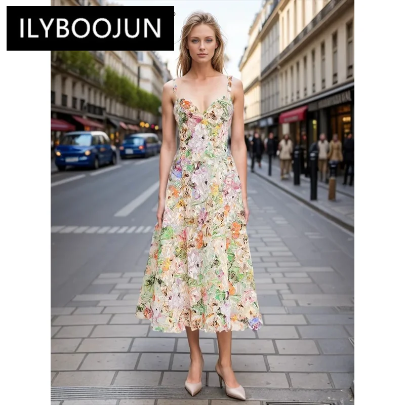 

ILYBOOJUN Colorblock Printing Slimming Dress For Women V Neck Sleeveless High Waist Minimalist Elegant Dresses Female Fashion