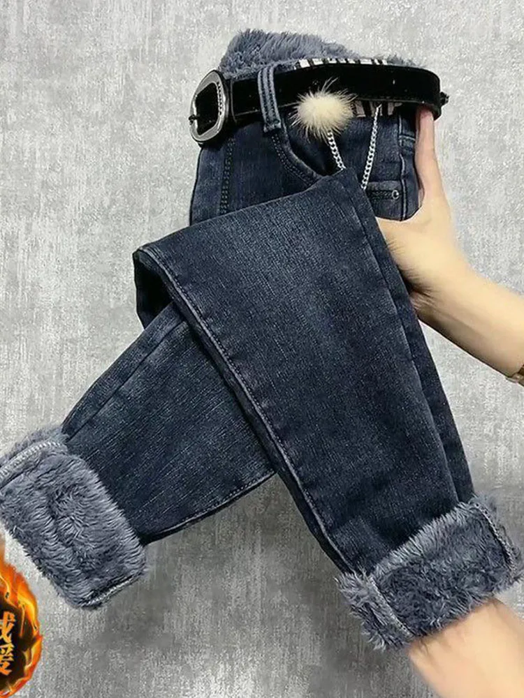 Fleece Jeans For Women Clothes Winter Warm Stretch Denim Harem Pant Loose Thickening Trousers Fall Pantalones De Mujer