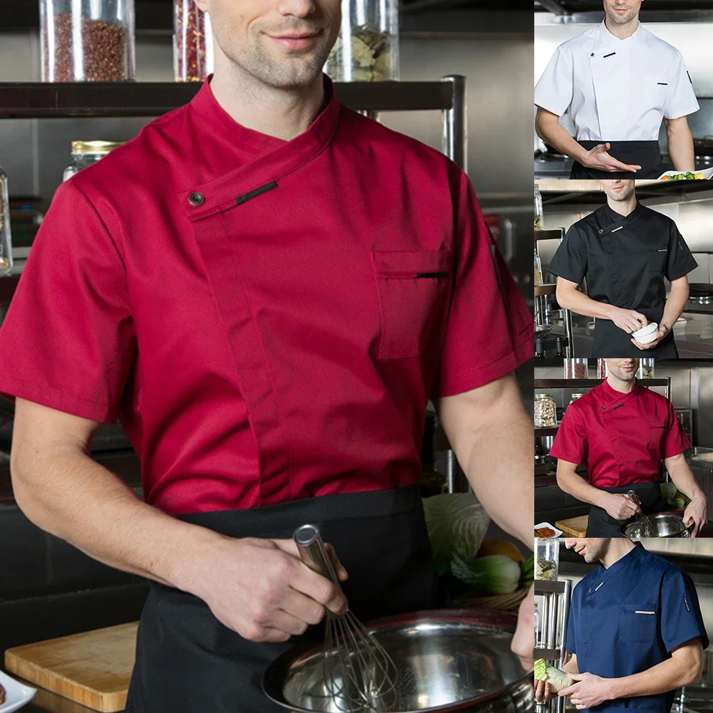 Chef uniforme casual de trabalho masculino e feminino, camisa respirável de manga curta, trespassado duplo, absorvente de suor, cozinheiro