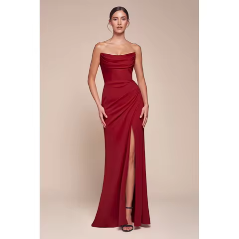 Burgundy Strapless Bridesmaid Dress 2025 Satin Sleeveless Mermaid Prom Dress High Split Party Dress Long Evening Gown Customized