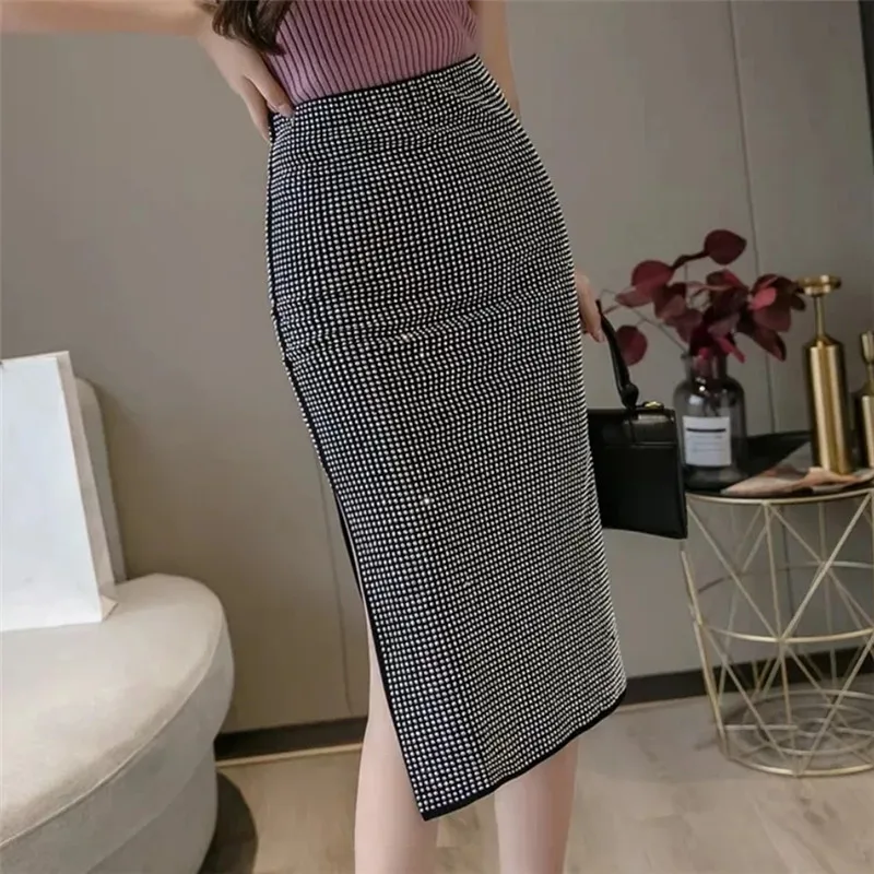 Fashion Rhinestone Shiny Hip Skirt For Women 2023 Spring Summer New Faldas Office Ladies Mid-Length A- Line Skirts Jupe Femme