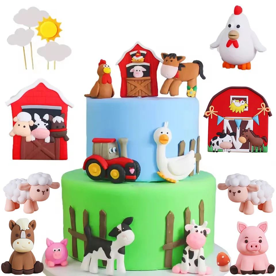 Farm Animal Cake Toppers Cow Ranch Tractor Sheepdog Decorations for Farm Animal Theme Birthday Baby Shower Party Cake Decortions