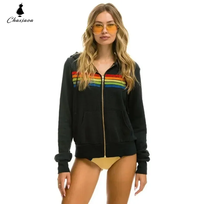 Autumn Unisex Women\'s Aviator Nation Long Sleeve Hooded Sweatshirts Casual Zipper 5 Stripe Rainbow Hoodies Jacket Coat