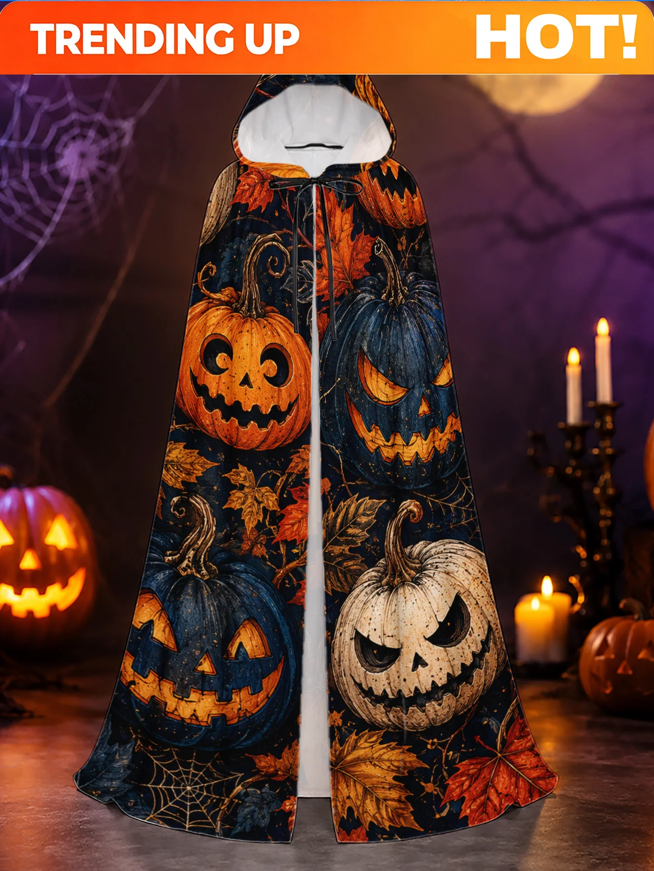 Customization 1pc, Long Hooded Costume Robe With Orange Pumpkins Dark Leaves Print, Adult Polyester Cape For Halloween Witch Par
