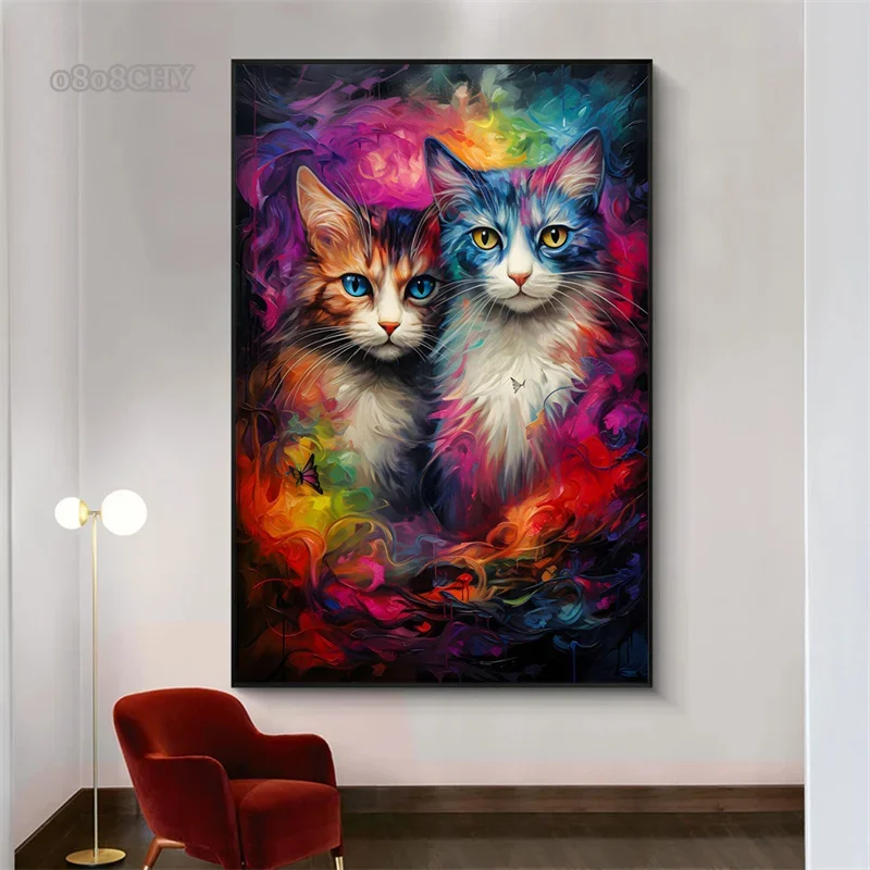 Colorful Couple Cats Canvas Art Painting Two Cats Pop Art Prints Posters Abstract Wall Art Picture for Living Room Home Decor