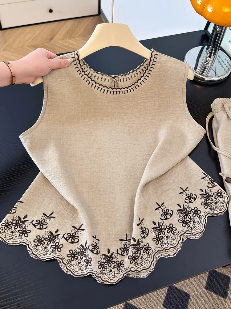 Summer Casual Sporty Cotton Linen Embroidered Tank Top Shorts Two-Piece Set Women's Thin Loose Fit Vest And Pants Ensemble